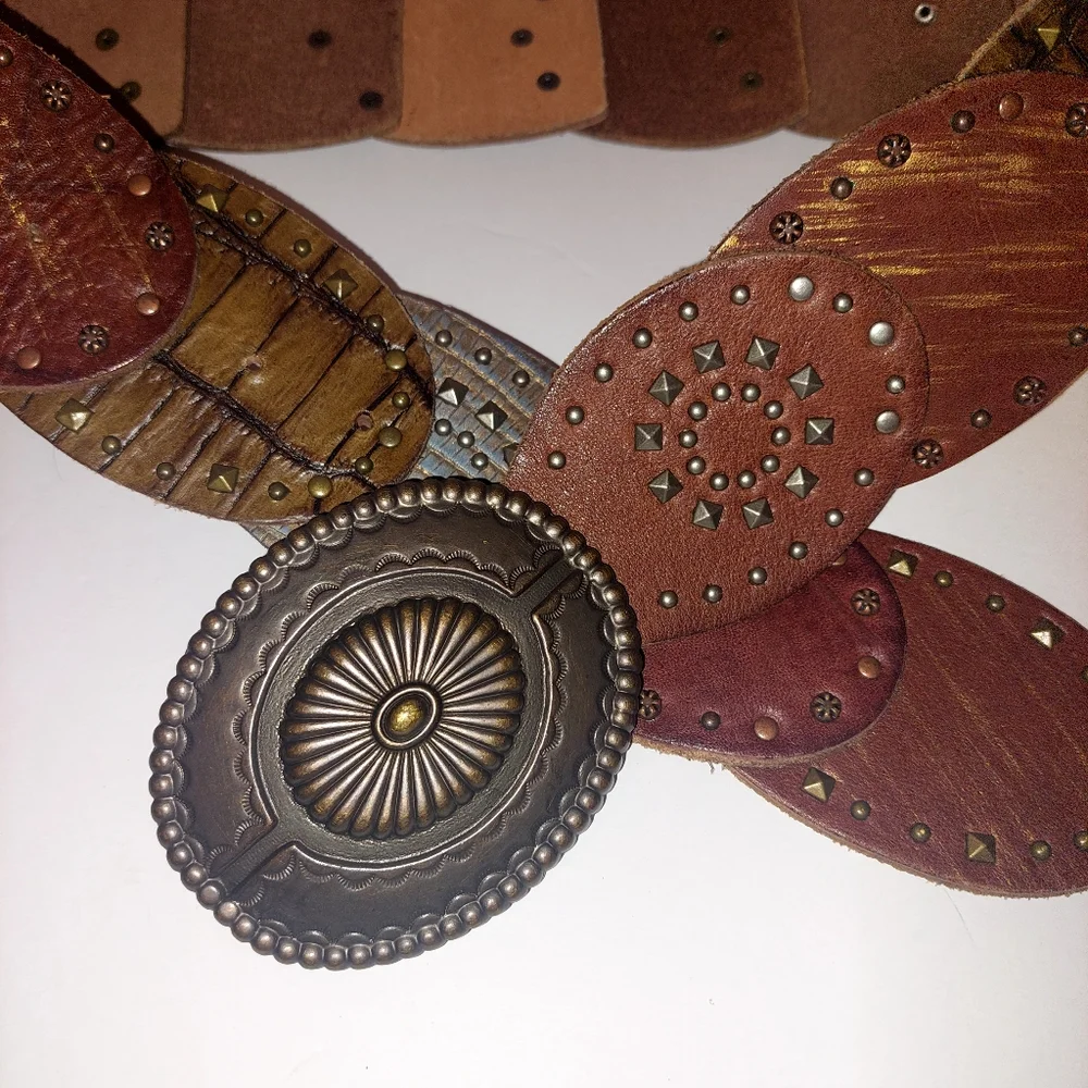 Fossil Multi-Panel Studded Leather Belt in Brown and Bronze Tones